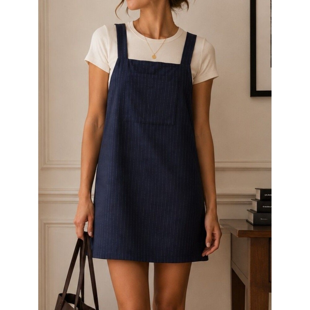 Zara Pinstripe Pinafore Mini Dress XS Navy Sleeveless Pocket Minimalist Chic